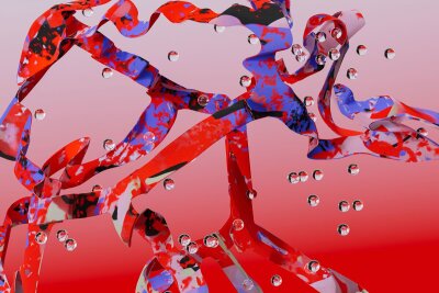 Abstrakt, 3D animasjonsbilde av bånd i rødt og fiolett, med vanndråper flytende rundt